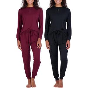 imageReal Essentials 2 Pack Womens Soft Long Sleeve Sleep Set  Comfortable Lounge Pull Over Hoodie and Henley JoggerHenley Set 4