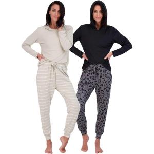 imageReal Essentials 2 Pack Womens Soft Long Sleeve Sleep Set  Comfortable Lounge Pull Over Hoodie and Henley JoggerHoodie Set 3