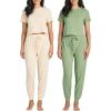 imageReal Essentials 2 Pack Womens Ribbed Knit Cropped Short Sleeve Top with Jogger Sweatpants Lounge Set SleepSet 8