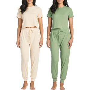 imageReal Essentials 2 Pack Womens Ribbed Knit Cropped Short Sleeve Top with Jogger Sweatpants Lounge Set SleepSet 8
