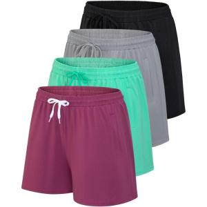 imageReal Essentials 4 Pack Womens Athletic DryFit Lounge Shorts with Zipper Pockets Available in Plus SizeSet 14