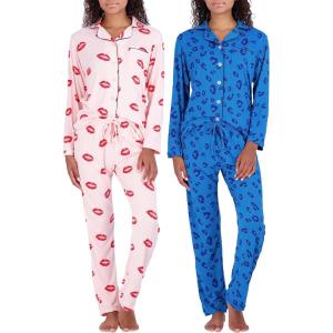 imageReal Essentials 2 Pack Womens Pajamas Set Button Down Pants Soft Matching Sleepwear Available In PlusLong Sleeve  Set 10
