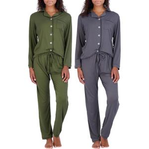 imageReal Essentials 2 Pack Womens Pajamas Set Button Down Pants Soft Matching Sleepwear Available In PlusLong Sleeve  Set 11