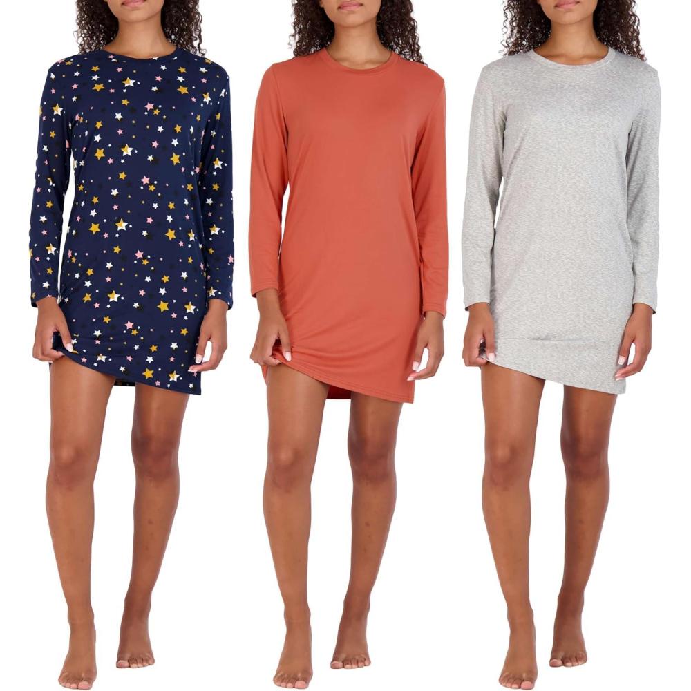 imageReal Essentials 3 Pack UltraSoft Night Shirt for Women Long Sleeve Sleep Shirt Nightgown Available in Plus SizeSet 1