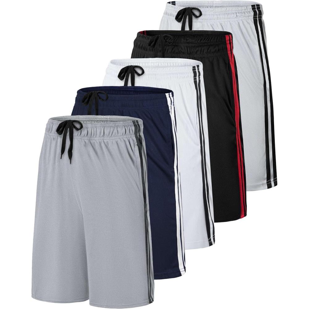 imageReal Essentials 5 Pack Boys Mesh Basketball Athletic Shorts with Pockets  Teen Kids Youth Quick Dry Soccer Running GymSet 3