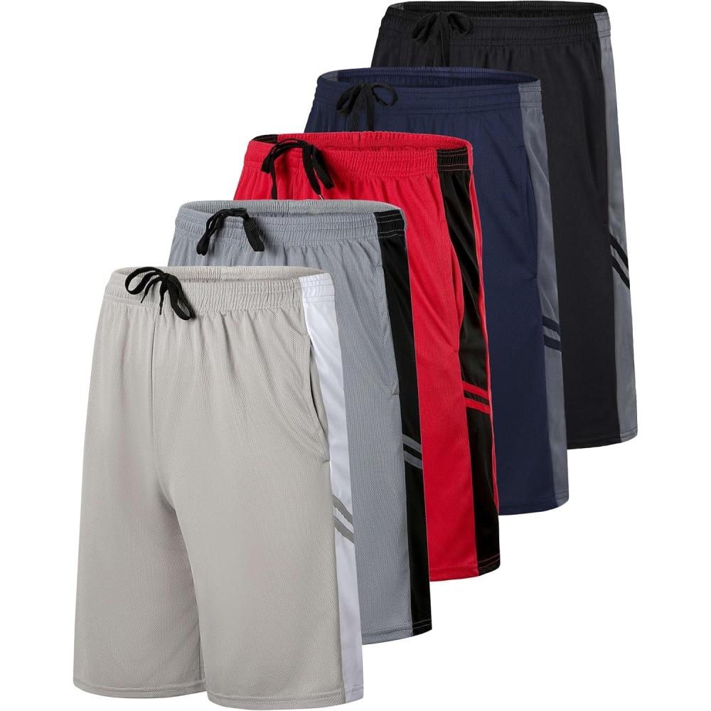 imageReal Essentials 5 Pack Boys Mesh Basketball Athletic Shorts with Pockets  Teen Kids Youth Quick Dry Soccer Running GymSet 5