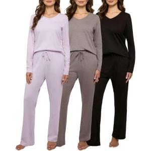 imageReal Essentials 3 Pack Womens Soft Cotton Long Sleeve Pajama Set with Pants  Lounge Sets for Women Available In PlusSet 1
