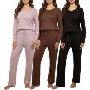 imageReal Essentials 3 Pack Womens Soft Cotton Long Sleeve Pajama Set with Pants  Lounge Sets for Women Available In PlusSet 2