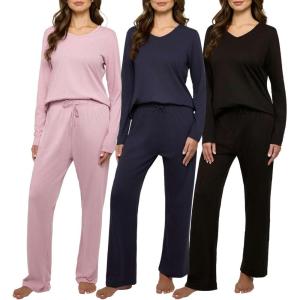 imageReal Essentials 3 Pack Womens Soft Cotton Long Sleeve Pajama Set with Pants  Lounge Sets for Women Available In PlusSet 3