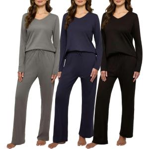 imageReal Essentials 3 Pack Womens Soft Cotton Long Sleeve Pajama Set with Pants  Lounge Sets for Women Available In PlusSet 4