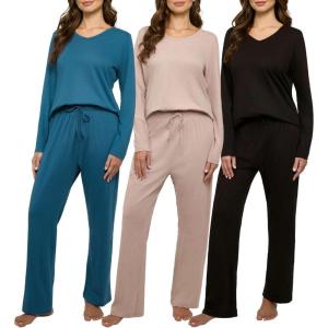 imageReal Essentials 3 Pack Womens Soft Cotton Long Sleeve Pajama Set with Pants  Lounge Sets for Women Available In PlusSet 6