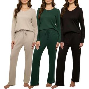 imageReal Essentials 3 Pack Womens Soft Cotton Long Sleeve Pajama Set with Pants  Lounge Sets for Women Available In PlusSet 7