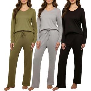 imageReal Essentials 3 Pack Womens Soft Cotton Long Sleeve Pajama Set with Pants  Lounge Sets for Women Available In PlusSet 8