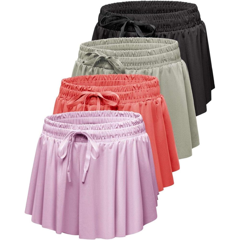 imageReal Essentials 4 Pack Girls 2in1 Flowy Shorts with Spandex Liner Youth Butterfly Skirts  Athletic Dance Ages 418Set 1