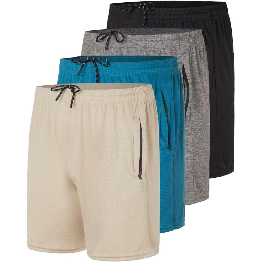 imageReal Essentials 4 Pack Mens Mesh 7quot 5quot 3quot Athletic Zipper Shorts Workout Gym Running Basketball Big and Tall Available5inch  Set 10