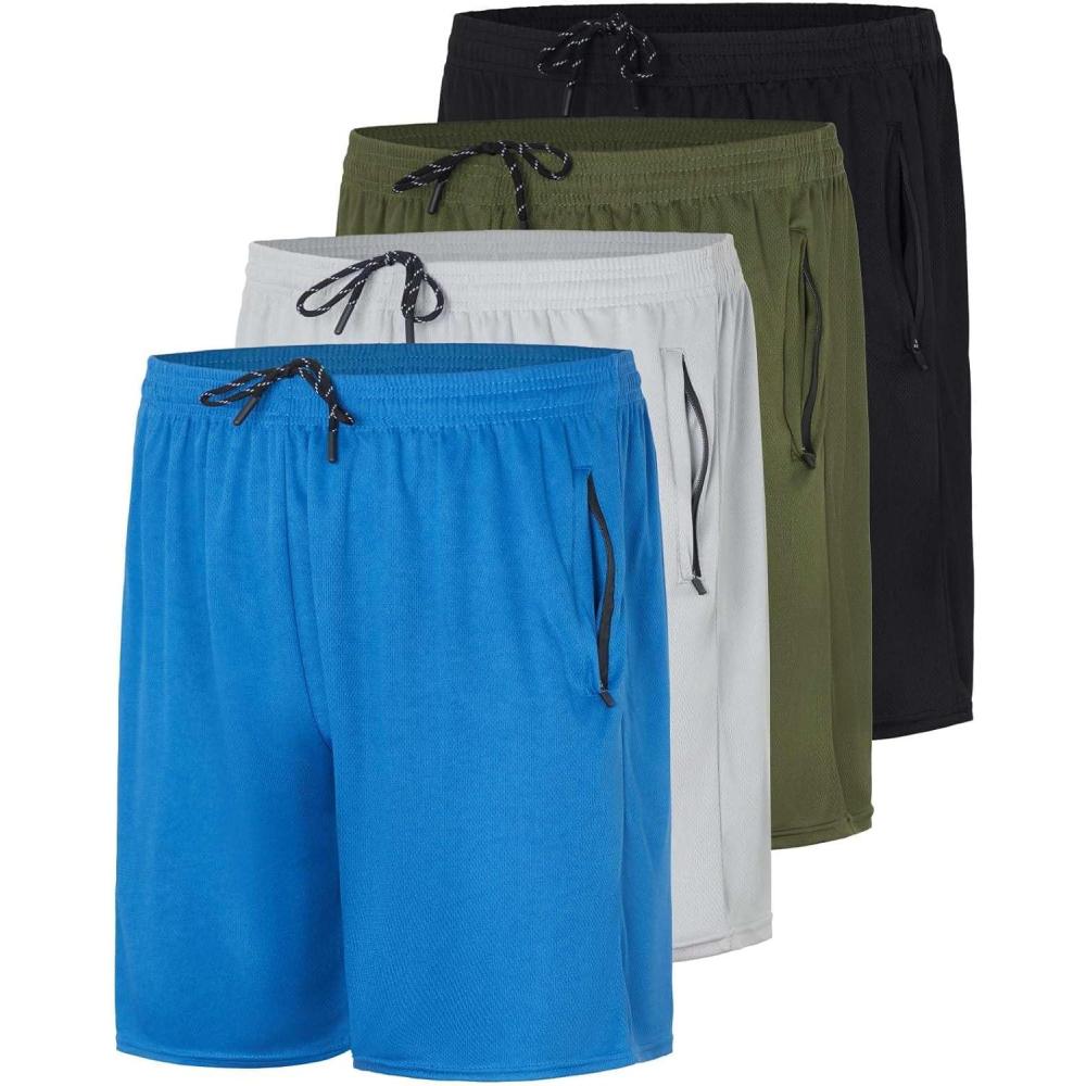imageReal Essentials 4 Pack Mens Mesh 7quot 5quot 3quot Athletic Zipper Shorts Workout Gym Running Basketball Big and Tall Available7inch  Set 3