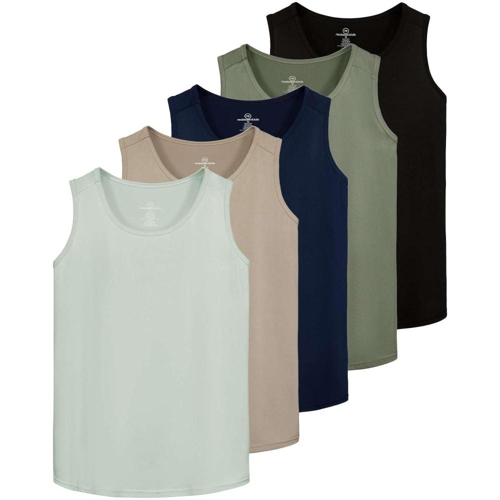 imageReal Essentials 5 Pack Mens DryFit Muscle Tank Top Sleeveless Shirts Workout Tees Athletic Gym Big ampamp Tall AvailableSet 2