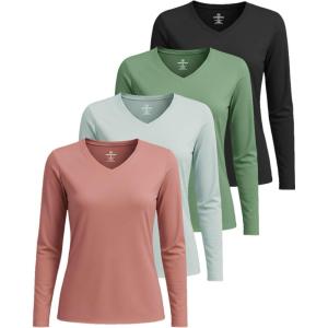 imageReal Essentials 4 Pack Womens Long Sleeve Dry Fit VNeck Athletic TShirt Workout Tops Active Gym Shirt PlusSet 4