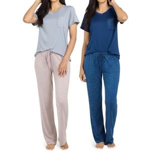 imageReal Essentials 2 Pack Womens Comfy Pajama Sets  Short ampamp Long Sleeve Ladies Loungewear Sleepwear PJs Available In PlusSet C Gray  Navy