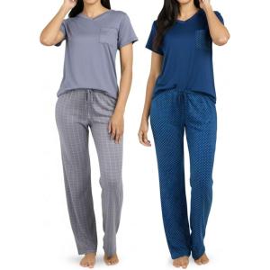 imageReal Essentials 2 Pack Womens Comfy Pajama Sets  Short ampamp Long Sleeve Ladies Loungewear Sleepwear PJs Available In PlusSet F Gray  Navy