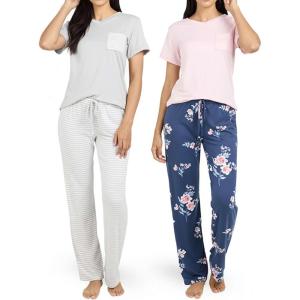 imageReal Essentials 2 Pack Womens Comfy Pajama Sets  Short ampamp Long Sleeve Ladies Loungewear Sleepwear PJs Available In PlusSet G Purple  Pink