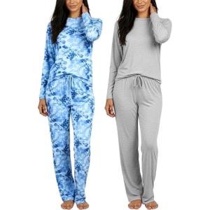 imageReal Essentials 2 Pack Womens Comfy Pajama Sets  Short ampamp Long Sleeve Ladies Loungewear Sleepwear PJs Available In PlusSet I Blue  Gray
