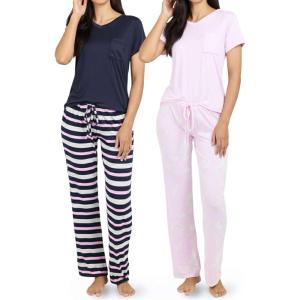 imageReal Essentials 2 Pack Womens Comfy Pajama Sets  Short ampamp Long Sleeve Ladies Loungewear Sleepwear PJs Available In PlusSet K Navy  Pink