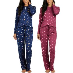 imageReal Essentials 2 Pack Womens Comfy Pajama Sets  Short ampamp Long Sleeve Ladies Loungewear Sleepwear PJs Available In PlusSet L Burgundy  Blue