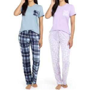imageReal Essentials 2 Pack Womens Comfy Pajama Sets  Short ampamp Long Sleeve Ladies Loungewear Sleepwear PJs Available In PlusSet L Purple  Blue