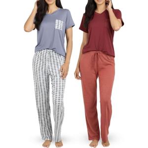 imageReal Essentials 2 Pack Womens Comfy Pajama Sets  Short ampamp Long Sleeve Ladies Loungewear Sleepwear PJs Available In PlusSet a Charcoal  Burgundy