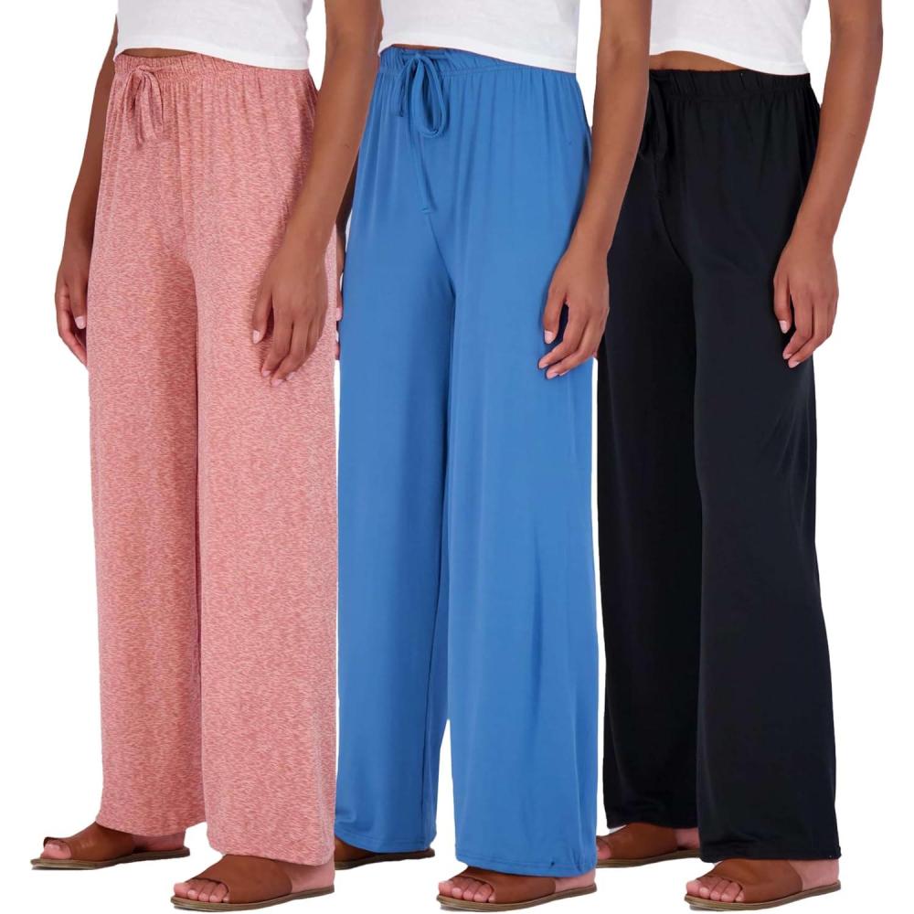 imageReal Essentials 3 Pack Soft Palazzo Pajama Pants for Women Wide Leg Comfortable Casual Lounge Yoga Bottoms Plus SizeSet 1