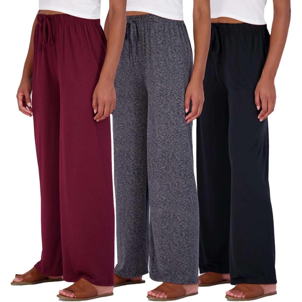 imageReal Essentials 3 Pack Soft Palazzo Pajama Pants for Women Wide Leg Comfortable Casual Lounge Yoga Bottoms Plus SizeSet 2