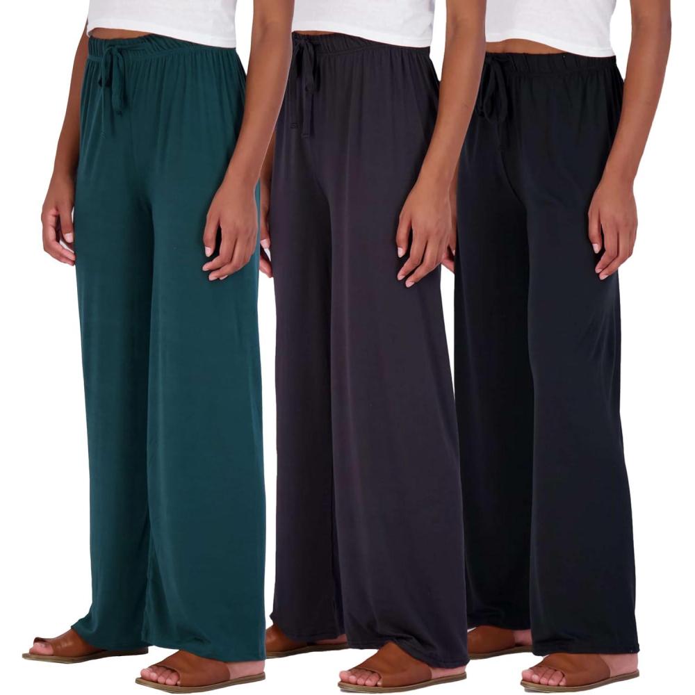 imageReal Essentials 3 Pack Soft Palazzo Pajama Pants for Women Wide Leg Comfortable Casual Lounge Yoga Bottoms Plus SizeSet 3
