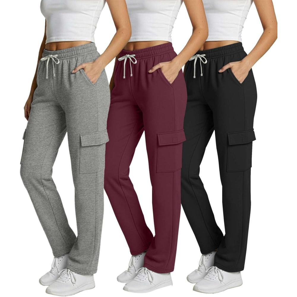 imageReal Essentials 3 Pack Womens Fleece Cargo Sweatpants Open Bottom Lounge ampamp Athletic Casual Pants with PocketsSet 2