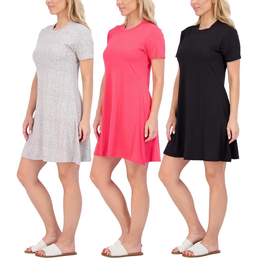 imageReal Essentials 3 Pack Womens Short Sleeve T Shirt Dress Swing Loose Casual Lounge Everyday Outfit Available in PlusSet 1