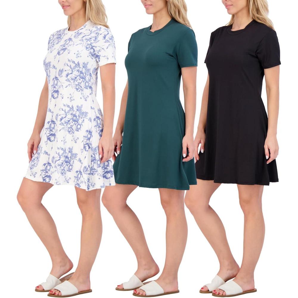 imageReal Essentials 3 Pack Womens Short Sleeve T Shirt Dress Swing Loose Casual Lounge Everyday Outfit Available in PlusSet 4