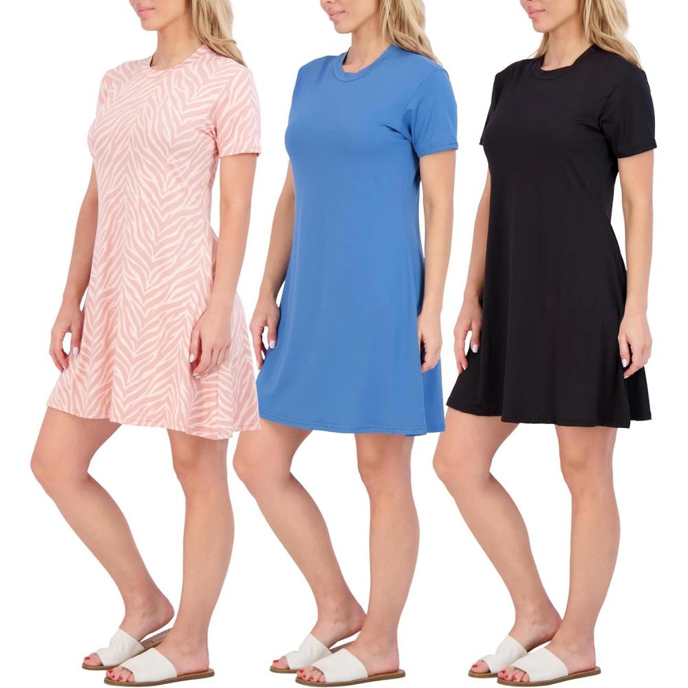 imageReal Essentials 3 Pack Womens Short Sleeve T Shirt Dress Swing Loose Casual Lounge Everyday Outfit Available in PlusSet 5