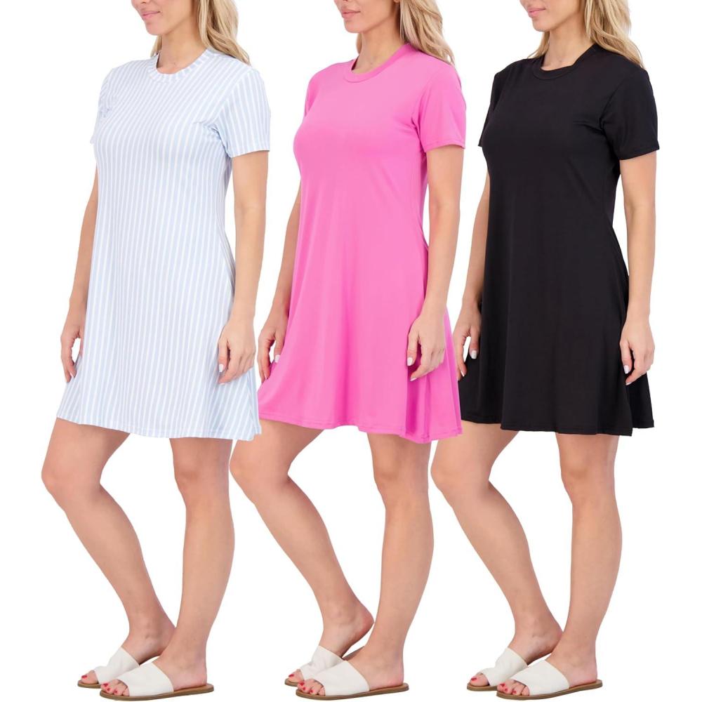 imageReal Essentials 3 Pack Womens Short Sleeve T Shirt Dress Swing Loose Casual Lounge Everyday Outfit Available in PlusSet 6