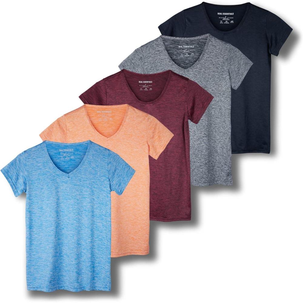 imageReal Essentials 5 Pack Womens Dry Fit Short Sleeve V Neck Workout Top  Fitness Gym Athletic Yoga TShirt Plus AvailableSet 2