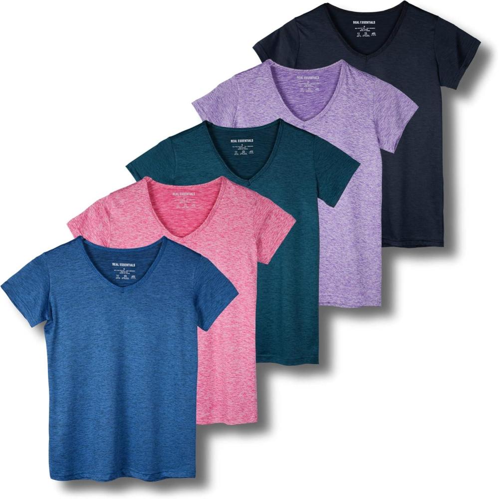 imageReal Essentials 5 Pack Womens Dry Fit Short Sleeve V Neck Workout Top  Fitness Gym Athletic Yoga TShirt Plus AvailableSet 7