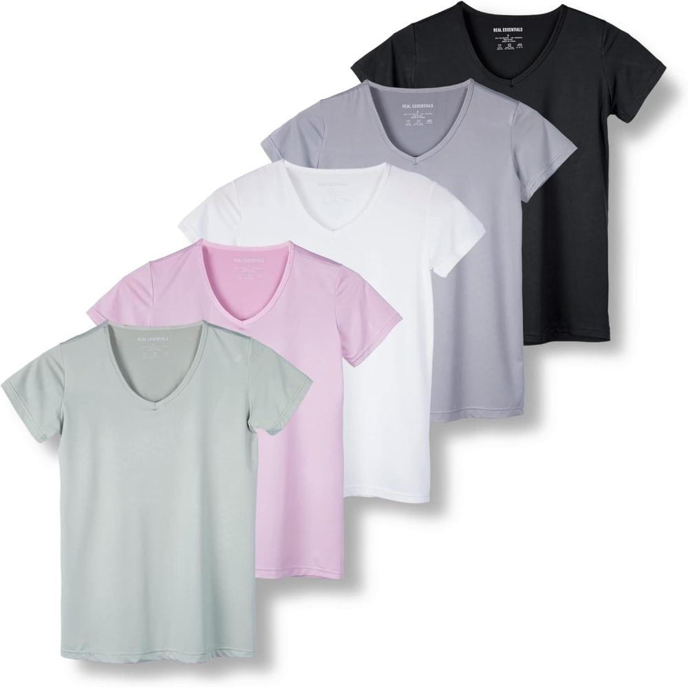 imageReal Essentials 5 Pack Womens Dry Fit Short Sleeve V Neck Workout Top  Fitness Gym Athletic Yoga TShirt Plus AvailableSet 9