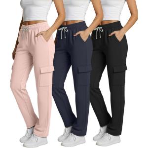 imageReal Essentials 3 Pack Womens Fleece Cargo Sweatpants Open Bottom Lounge ampamp Athletic Casual Pants with PocketsSet 4