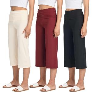 imageReal Essentials 3 Pack Womens Ribbed Foldover Wide Leg Loose Capri Open Bottom Yoga Lounge Pants Available in PlusSet 1