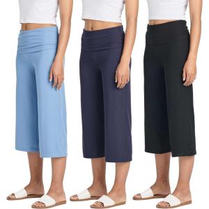imageReal Essentials 3 Pack Womens Ribbed Foldover Wide Leg Loose Capri Open Bottom Yoga Lounge Pants Available in PlusSet 2