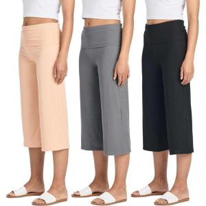 imageReal Essentials 3 Pack Womens Ribbed Foldover Wide Leg Loose Capri Open Bottom Yoga Lounge Pants Available in PlusSet 3
