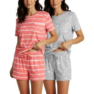imageReal Essentials 2 Pack Womens Short Sleeve Pajama Short Set  Comfy Lightweight Soft Lounge Sleepwear PlusSet 5