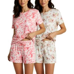 imageReal Essentials 2 Pack Womens Short Sleeve Pajama Short Set  Comfy Lightweight Soft Lounge Sleepwear PlusSet 6