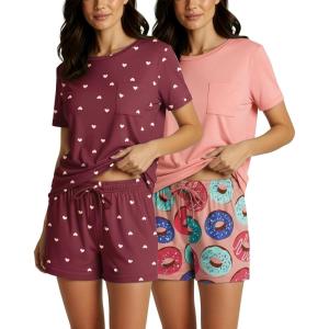 imageReal Essentials 2 Pack Womens Short Sleeve Pajama Short Set  Comfy Lightweight Soft Lounge Sleepwear PlusSet 8
