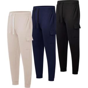 image3 Pack Mens Cotton Fleece Cargo Jogger Sweatpants with PocketsSet 1