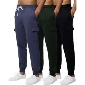 image3 Pack Mens Cotton Fleece Cargo Jogger Sweatpants with PocketsSet 2